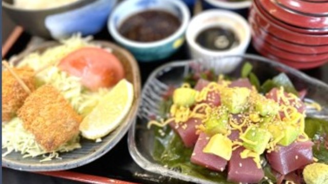 鮪とアボカドの胡麻風味だれ  鮪フライの盛り合わせ